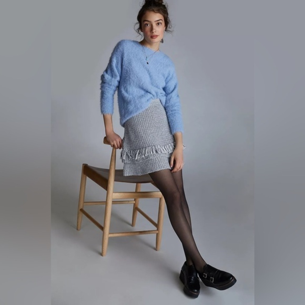 Anthropologie Maeve Tamara Fringed Mini Sweater Skirt Grey Size Medium